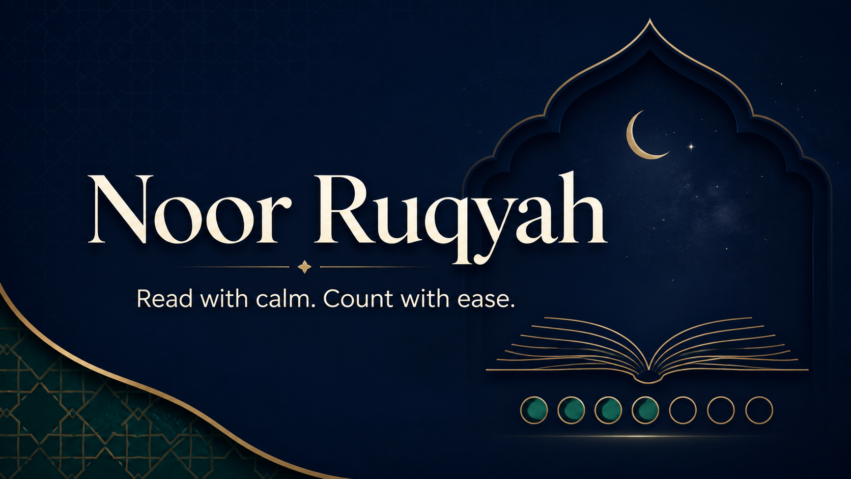 Noor Ruqyah reading companion with a crescent, open Qur’an, and guided reading progress